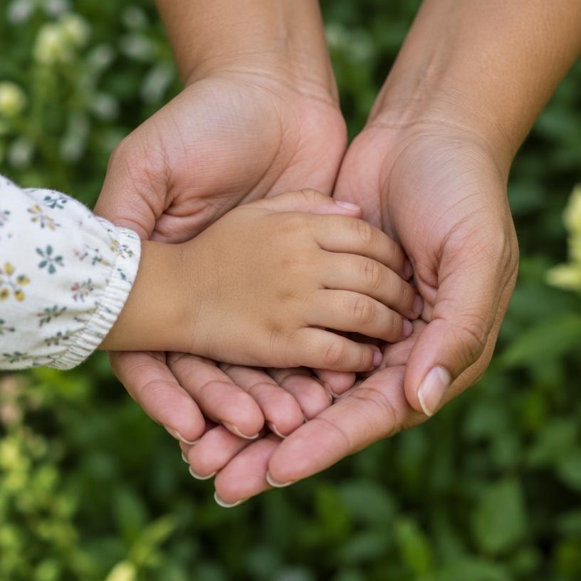 Mão de uma criança protegida por mãos adultas