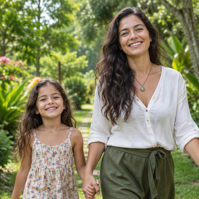 Adulta e criança caminhando juntas de mãos dadas