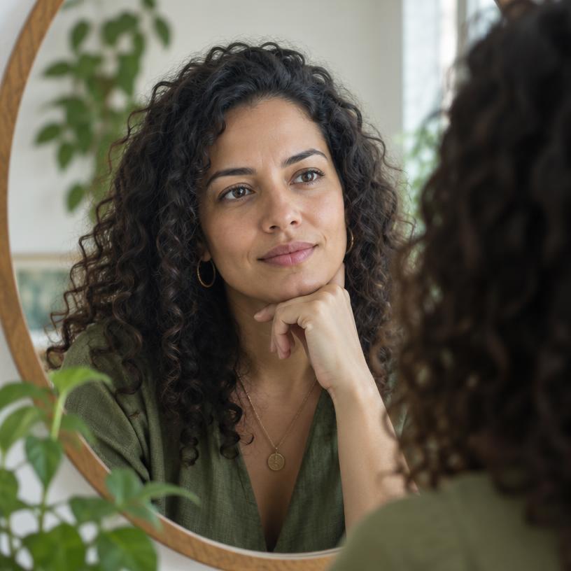 Mulher observando seu reflexo com atenção